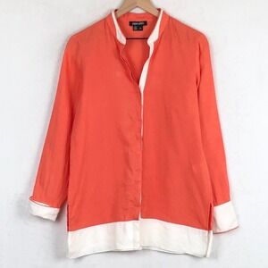 PAPERWHITE 100% Linen Colorblock Tunic Shirt Women's Sz 6 Coral Mandarin Button